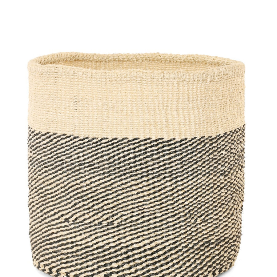 Large Charcoal Gray and Cream Twill Sisal Basket Basket