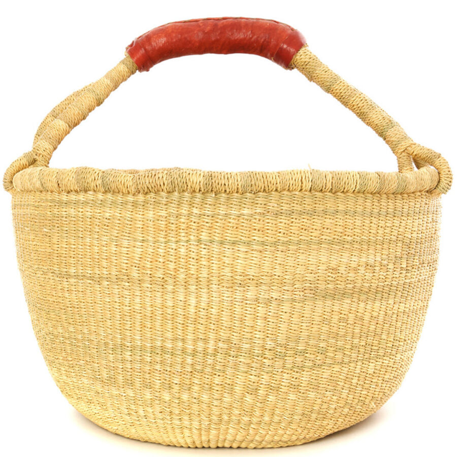 Natural Woven Basket with Brown Leather Handles