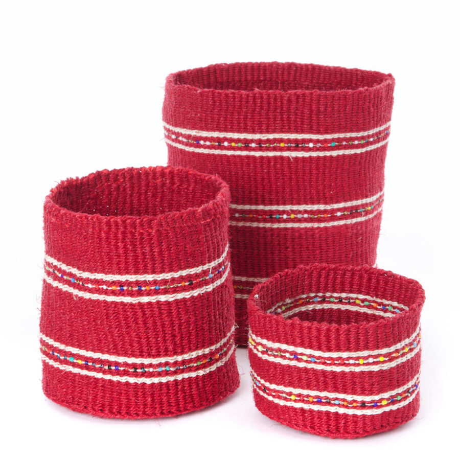 3-Piece Petite Garnet Sisal Baskets with Colorful Beads