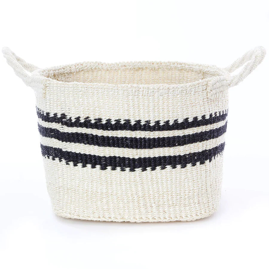 White Square Bottom Sisal Fruit Basket with Black Stripes