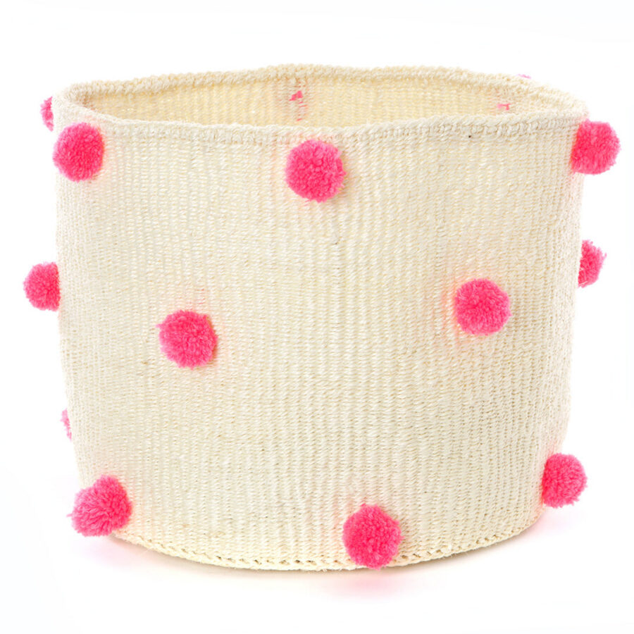 Natural Sisal Basket with Pink Pom Poms